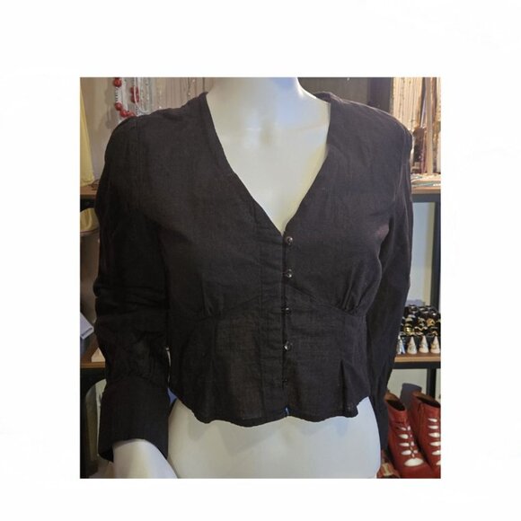 New Black V-Neck Cropped Blouse Size 4 - Picture 1 of 8